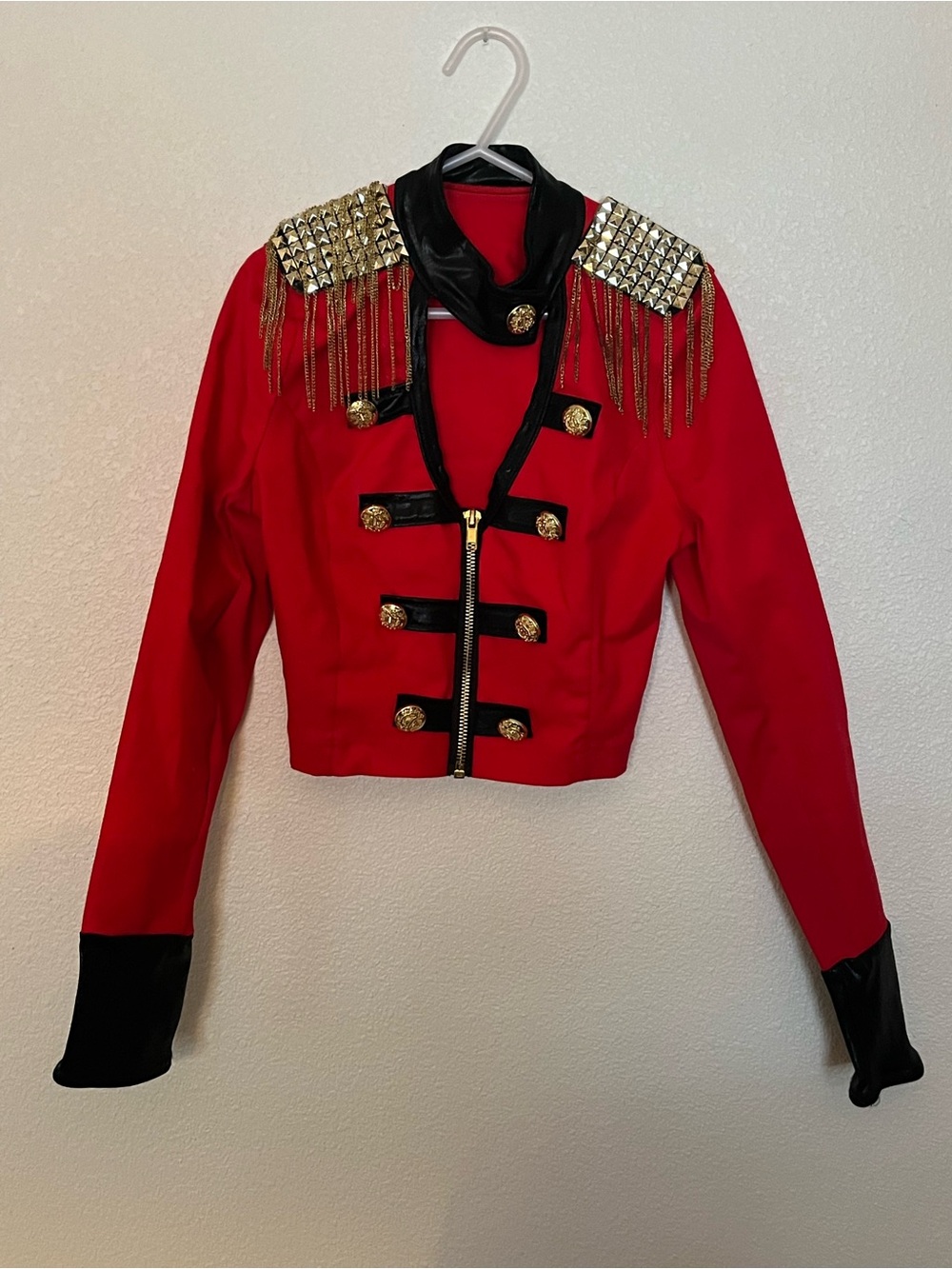 Weissman Child’s Dance Red Military-Style Embellished Crop Jacket